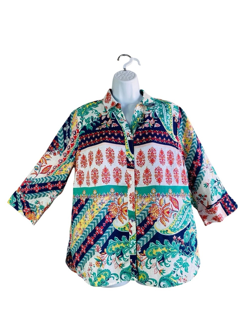 Chico’s Linen Patchwork Paisley No Iron Button Up Blouse Size 10